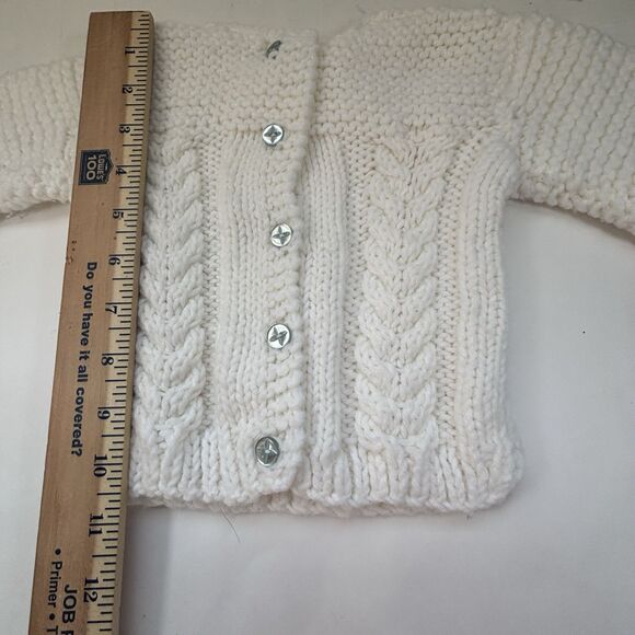Handmade Cable Knit Baby Sweater Cardigan White Blue Buttons Newborn 0-3M EUC - Picture 10 of 10